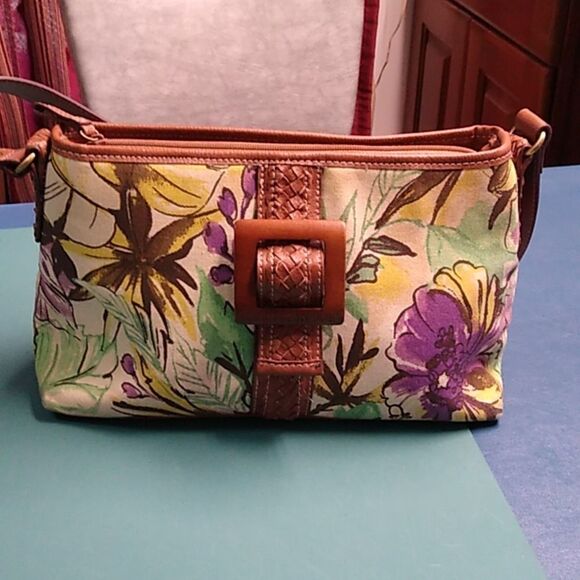 Caribbean Joe Purple and Brown Floral Shoulder Bag with Leather Accents - Picture 1 of 11